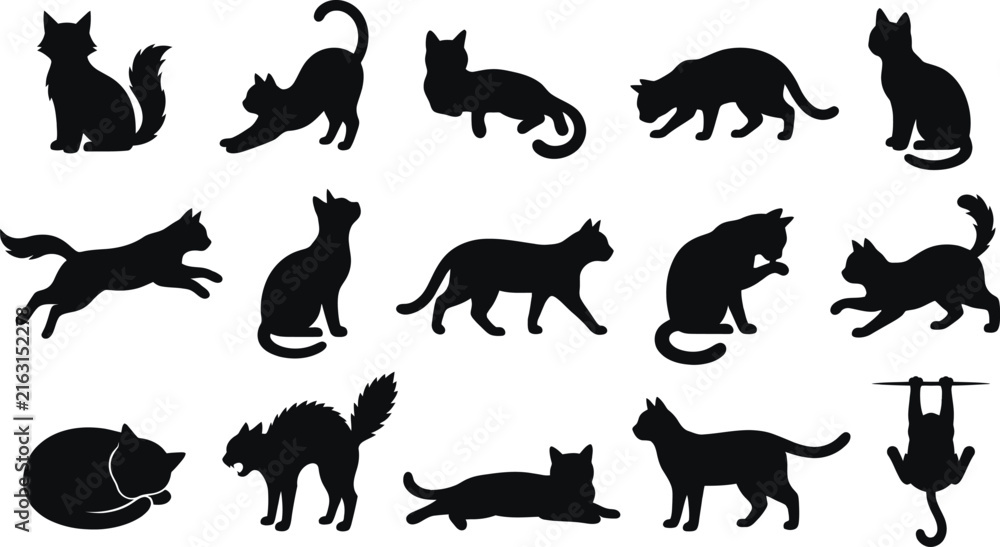 Obraz premium A collection of various feline poses featuring a spooky halloween cat design presented in a distinct and creative black silhouette