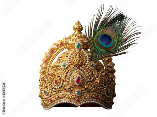 Hyper-realistic ornate golden Krishna mukut decorated with a vibrant peacock feather, showcasing traditional Indian craftsmanship as an isolated transparent PNG element.
