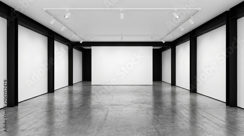 Modern empty white and black gallery interior with track lighting.