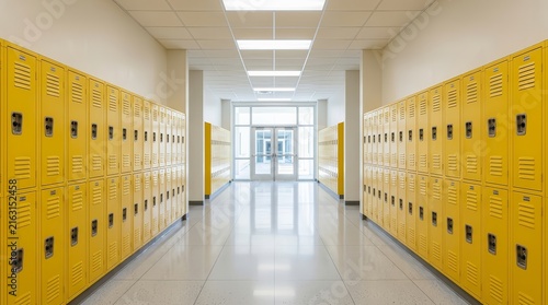 Empty middle school corridor with yellow lockers and bright lighting.