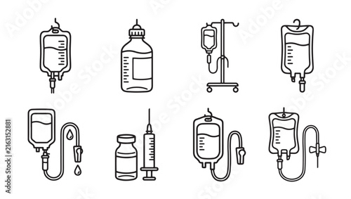Medical intravenous drip and blood transfusion equipment vector icons with infusion transfusion healthcare hospital medicine illustration collection handdrawn treatment clinical pharmacy