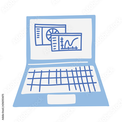 Cute hand drawn laptop showing charts and graphs on screen