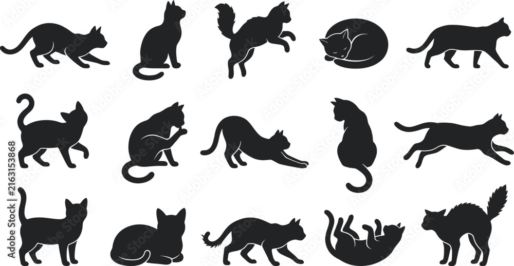 Obraz premium Collection of various black cat poses for creative holiday design projects featuring a distinctive and artistic dark graphic style silhouette