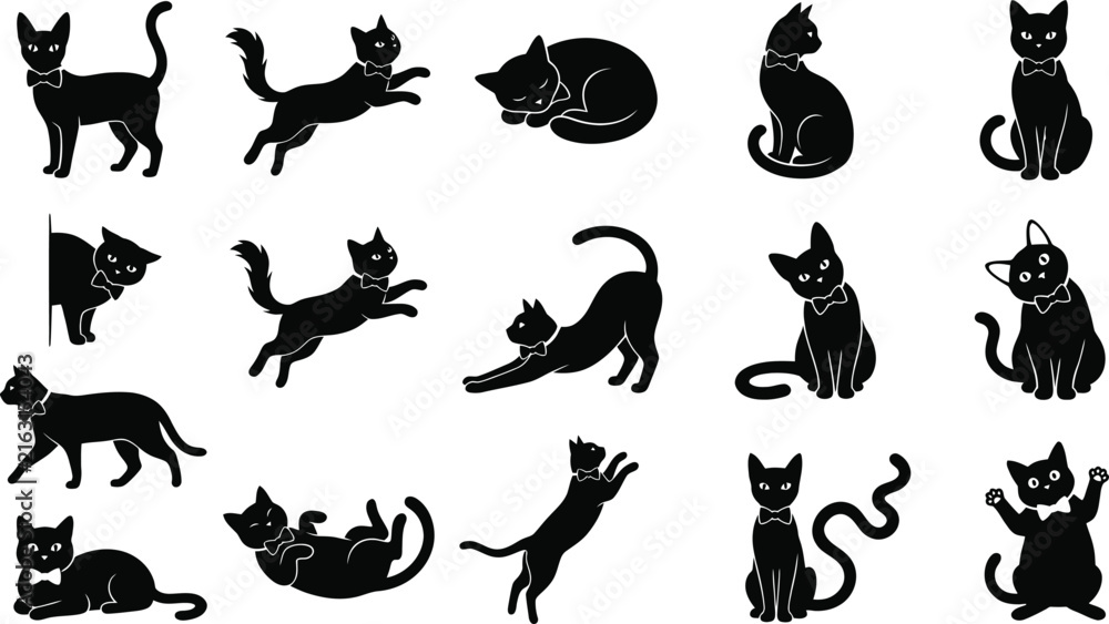 Obraz premium Collection of various playful black halloween cat poses displayed as a set of isolated graphic icons in a creative flat silhouette