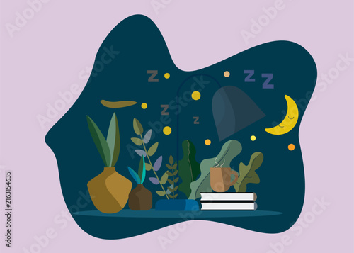 A peaceful night scene with potted plants under the moon and stars. Symbols of sleep and relaxation are depicted