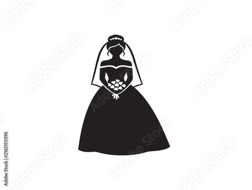 Bride silhouette icon. Elegant wedding dress vector for bridal shop logo design.