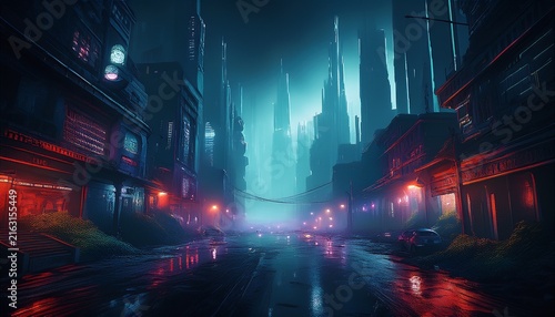 a dark dystopian gotham city at night towering skyscrapers shrouded in shadows neon lights flickering against the grimy facades a somber atmosphere filled with swirling fog