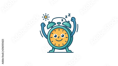 Cartoon alarm clock character waking up and stretching.