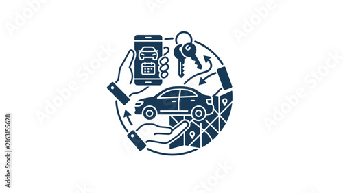 Car sharing and rental service icon featuring mobile app integration.
