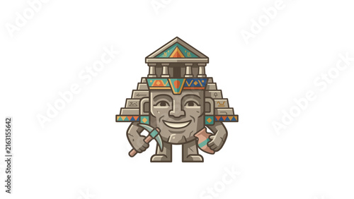 Cartoon ancient Mayan temple mascot standing on white background.