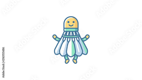 Cartoon badminton shuttlecock character with a smiling face.