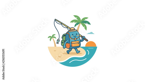 Cartoon backpack character fishing on tropical island beach.