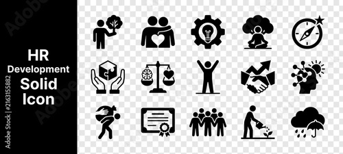HR Development Solid Icon Set for Employee Growth, Recruitment, Training and Human Resources Editable Vector Design.