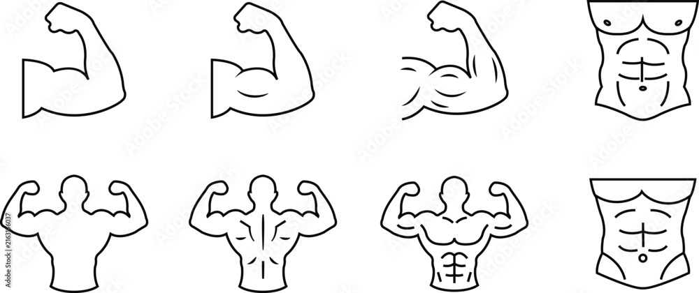 Obraz premium Bodybuilding Icons Set Collection Group with Muscular Arms, Biceps, Fitness and Bodybuilder Symbols in Black Flat and Line Vector Isolated on Transparent Background