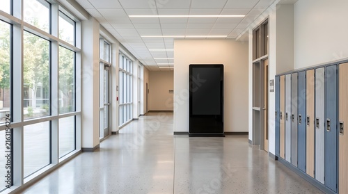 Modern school hallway interior with row of lockers and digital display screen.