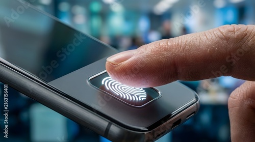 Hand using fingerprint scanner on smartphone for secure biometric authentication and access control