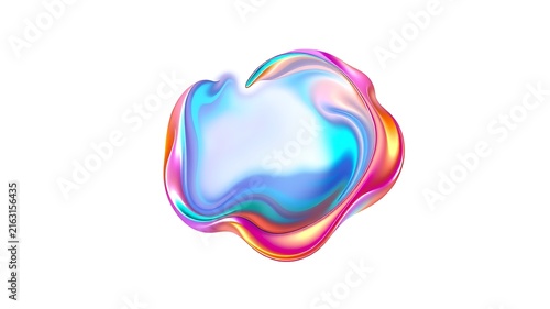 Abstract 3d liquid shape with iridescent colors and a glossy surface floating against a plain white background, for use