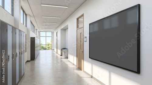Empty school hallway with lockers and a blank display board on the wall.