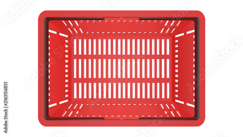 Plastic shopping basket. Red store empty basket. Supermarket shopping cart. Top view.