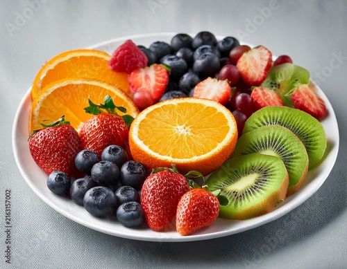fresh fruit platter with sliced kiwi orange strawberries blueberries and grapes on white plate