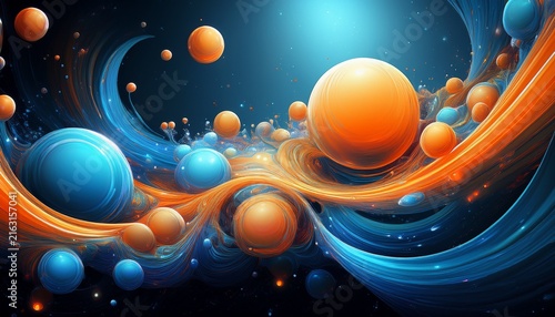 vibrant blue and orange swirling spherical bubbles floating in cosmic space