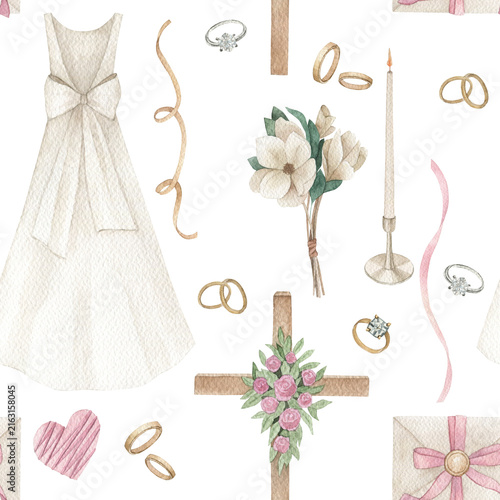 Watercolor seamless pattern. Hand drawn wedding illustration on white background