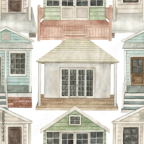 Watercolor seamless pattern with  beach house.  Hand drawn illustration on white background