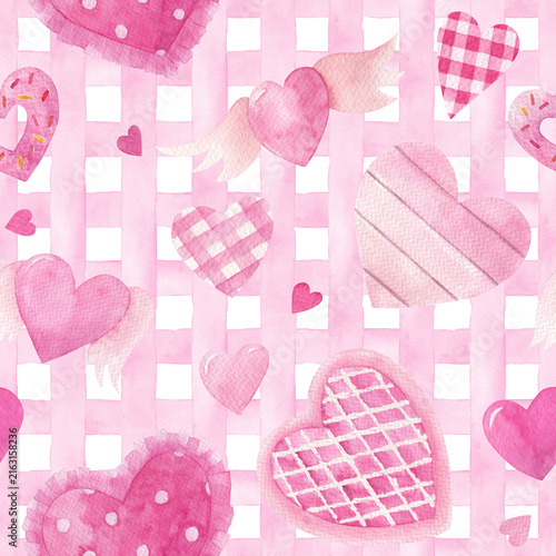  Watercolor seamless pattern with hearts. Valentines hand drawn  illustration on checkered background