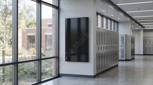 Empty school hallway with metal lockers and a blank wall mounted display screen.