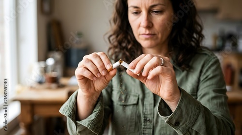 Young woman quitting smoking breaks cigarette in half indoors with determination