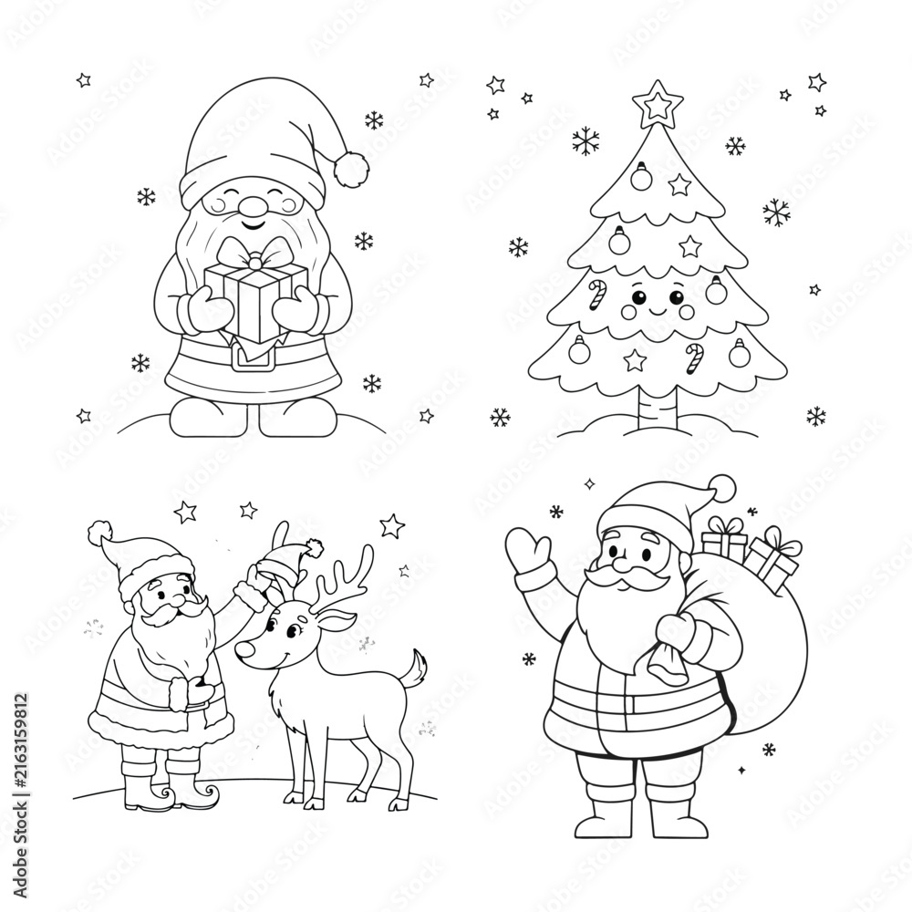 Fototapeta premium Christmas coloring page with santa claus, reindeer, gnome, and decorated pine tree