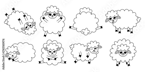 Cute sheep character set in different poses, hand drawn black outline illustrations