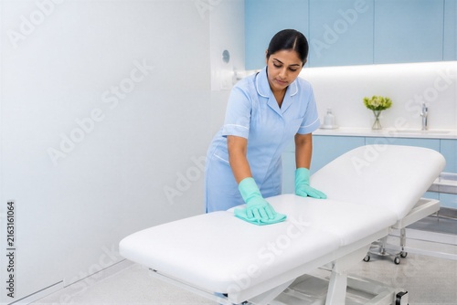 Woman healthcare cleaner disinfecting a medical examination table with a cloth and protective gloves.