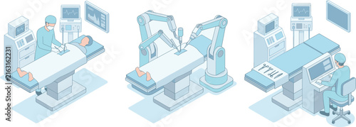 Isometric Robotic Surgery Vector Set Featuring Medical Technology Innovations Robotic Arms Operating Patients and Doctor Controlling System from Terminal
