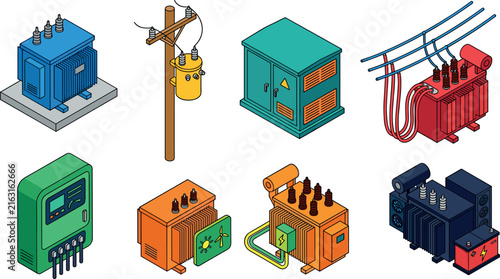 Isometric Electrical Transformer Icon Set Featuring Power Grid Substation Equipment, Distribution Lines, Generator Boxes, and Energy Infrastructure Symbols