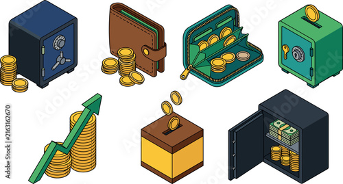 Isometric Financial Savings Icon Set Featuring Secure Bank Safes, Wallets with Gold Coins, Money Boxes, Cash Growth Arrows, and Wealth Investment Concepts