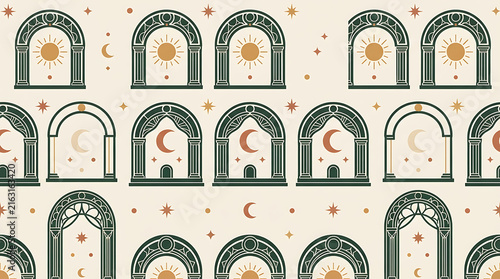 Seamless Church Window Pattern with Vintage Cartoon Architecture, Doors and Interior Details for Christmas Wallpaper, Decorative Wallpaper and Classic Vector Illustration