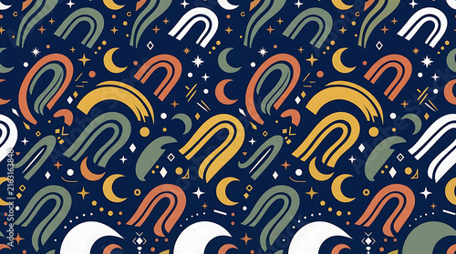 Abstract Seamless Pattern with Circles and Spirals, Colorful Geometric Retro Vector Design for Wallpaper, Textile, Fabric, Decorative Background and Psychedelic Ornament