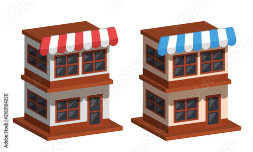 Shop 3d icon set. Two story building. Vector isometric hand drawn clipart