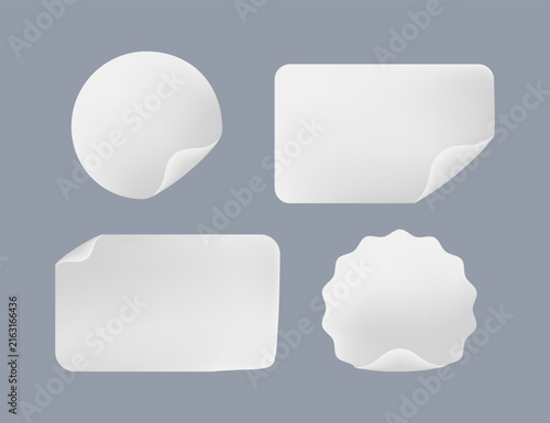 Corners curl and fold on these blank white paper stickers, rendered as a realistic vector mockup in circle, rectangle