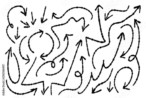  Set of hand drawn black arrows with rough brush texture, curved and wavy directional symbols for movement, flow, progress, and design