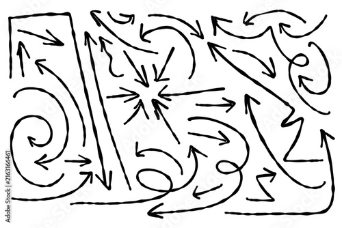  Set of hand drawn black arrows with rough brush texture, curved and wavy directional symbols for movement, flow, progress, and design