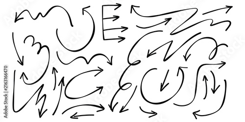  Set of hand drawn black arrows with rough brush texture, curved and wavy directional symbols for movement, flow, progress, and design