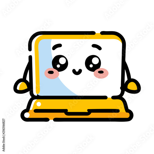 Cute cartoon laptop character with a shy face and tiny arms in a kawaii vector style.