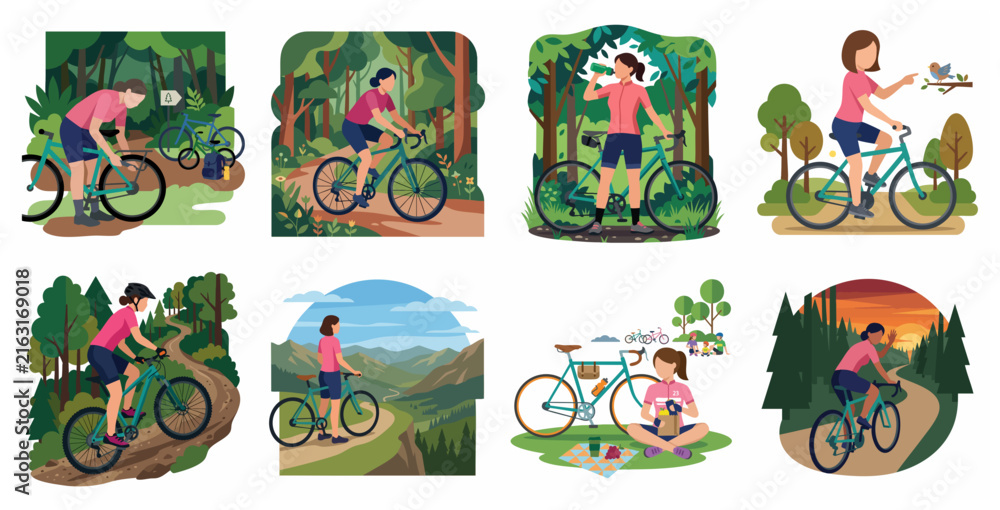 Fototapeta premium Set of vector illustrations depicting a woman cycling in nature, including mountain biking, trail riding, and bike maintenance in the forest.