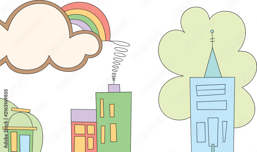 Fototapeta premium Cute Whimsical House Icon Set with Colorful Pastel Buildings Rainbow Cloud and Large Green Tree Clipart Vector Illustration for Children Storybook Designs