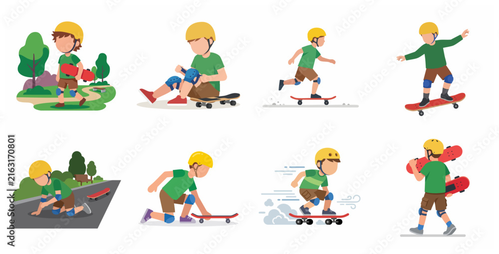 Fototapeta premium Flat Vector Illustration of a Boy Character Skateboarding Set Including Various Poses Like Riding, Falling, and Wearing Safety Gear