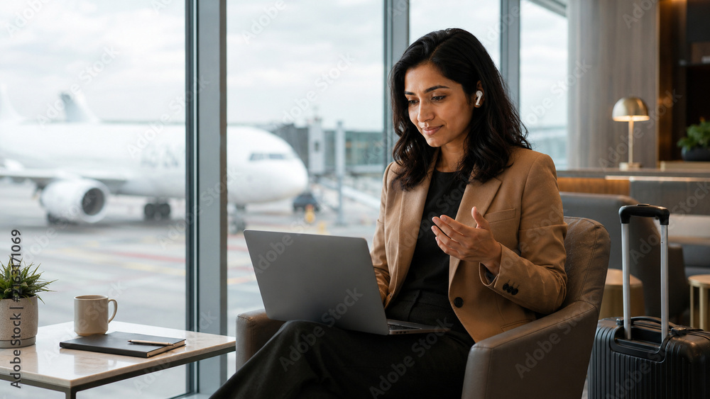 Fototapeta premium Indian executive joins a business call from a quiet airport lounge, using a laptop and wireless earbud while traveling for flexible, connected global work.