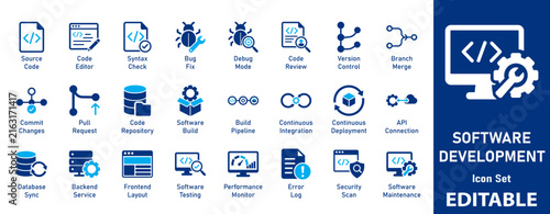 Software Development icon set. Includes symbols for Source Code, Bug Fix, API Connection, and Database Sync. Solid vector icons for IT projects and web developer UI.