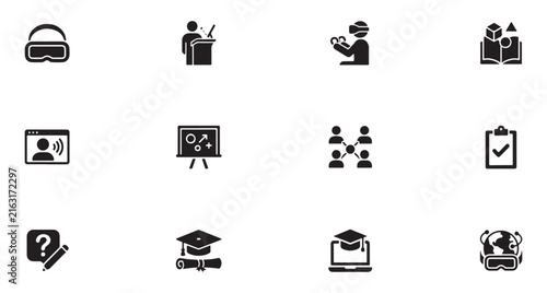 Education Icons Set with Virtual Reality Headset, Graduation Cap, Clipboard, and Book
